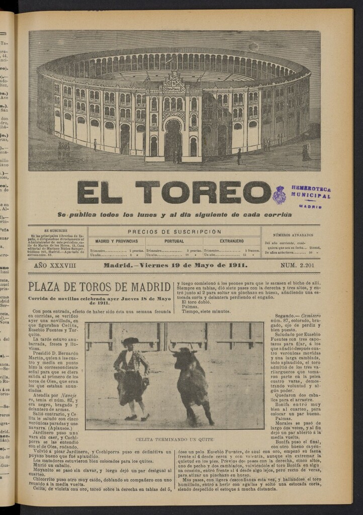 Miniatura de El Toreo: suplemento a ´´La Correspondencia Teatral´´  del 19 de mayo de 1911, nº 2201