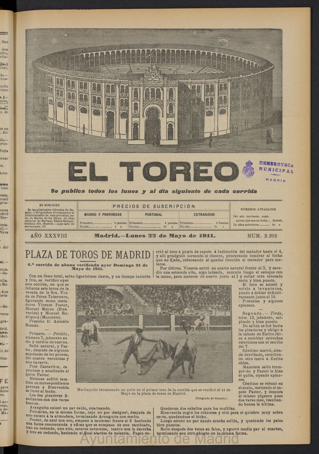 Miniatura de El Toreo: suplemento a ´´La Correspondencia Teatral´´  del 22 de mayo de 1911, nº 2202