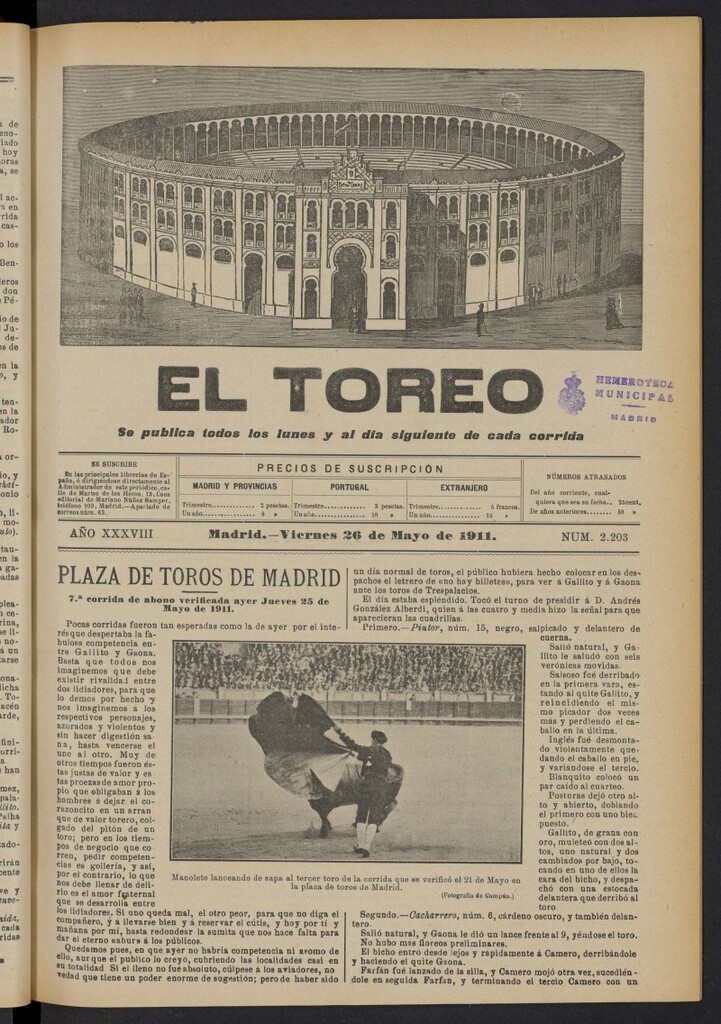 Miniatura de El Toreo: suplemento a "La Correspondencia Teatral"  del 26 de mayo de 1911, nº 2203