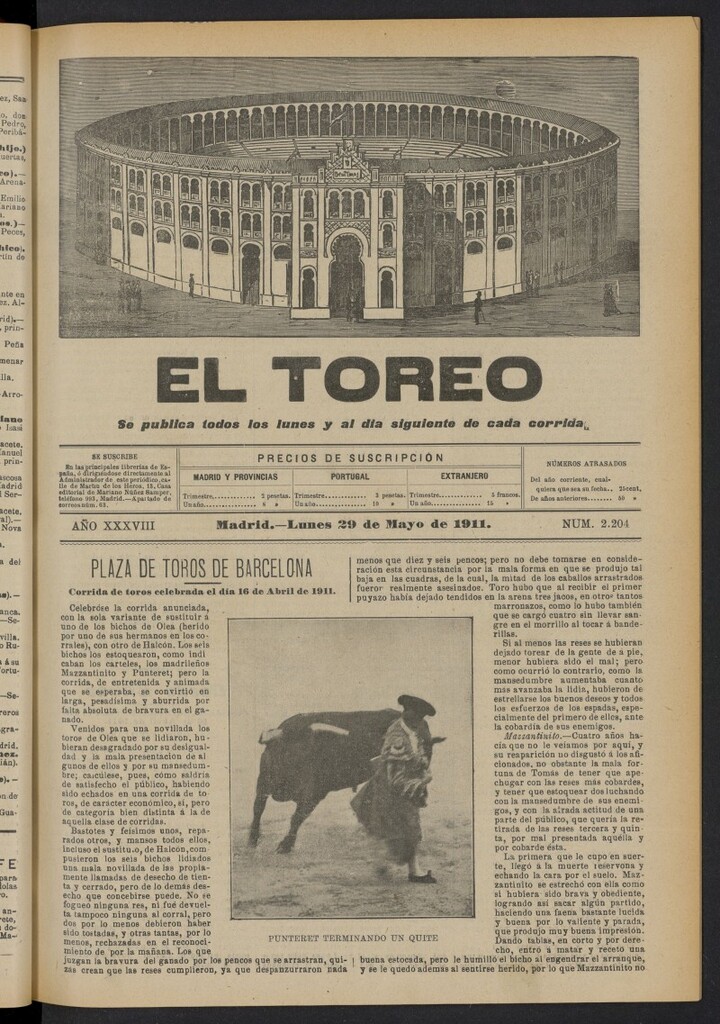 Miniatura de El Toreo: suplemento a "La Correspondencia Teatral"  del 29 de mayo de 1911, nº 2204