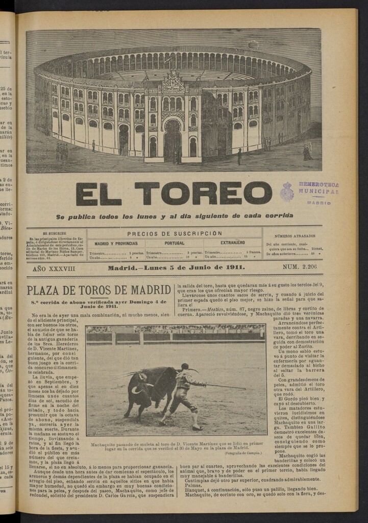 Miniatura de El Toreo: suplemento a "La Correspondencia Teatral"  del 5 de junio de 1911, nº 2206