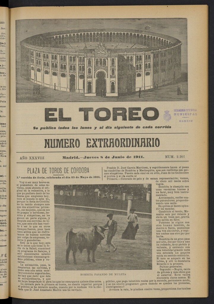 Miniatura de El Toreo: suplemento a "La Correspondencia Teatral"  del 8 de junio de 1911, nº 2207