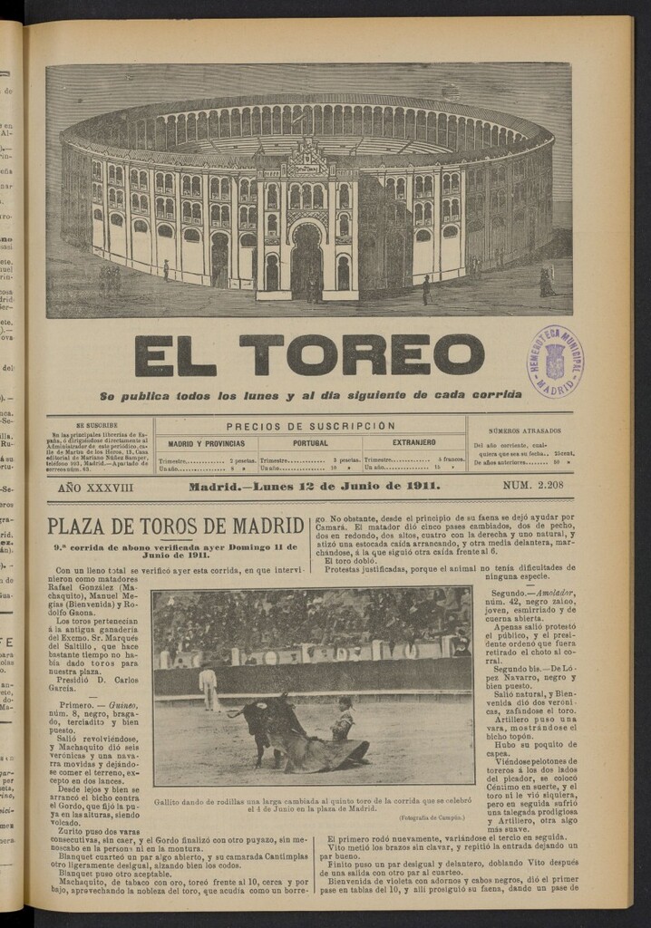 Miniatura de El Toreo: suplemento a ´´La Correspondencia Teatral´´  del 12 de junio de 1911, nº 2208