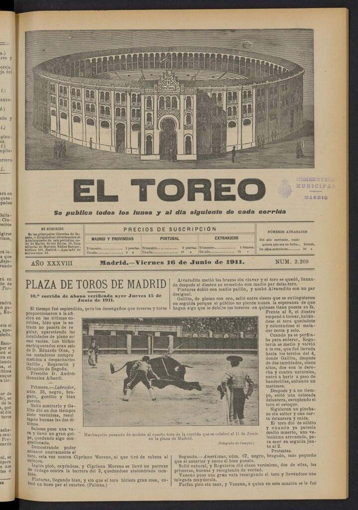Miniatura de El Toreo: suplemento a ´´La Correspondencia Teatral´´  del 16 de junio de 1911, nº 2209