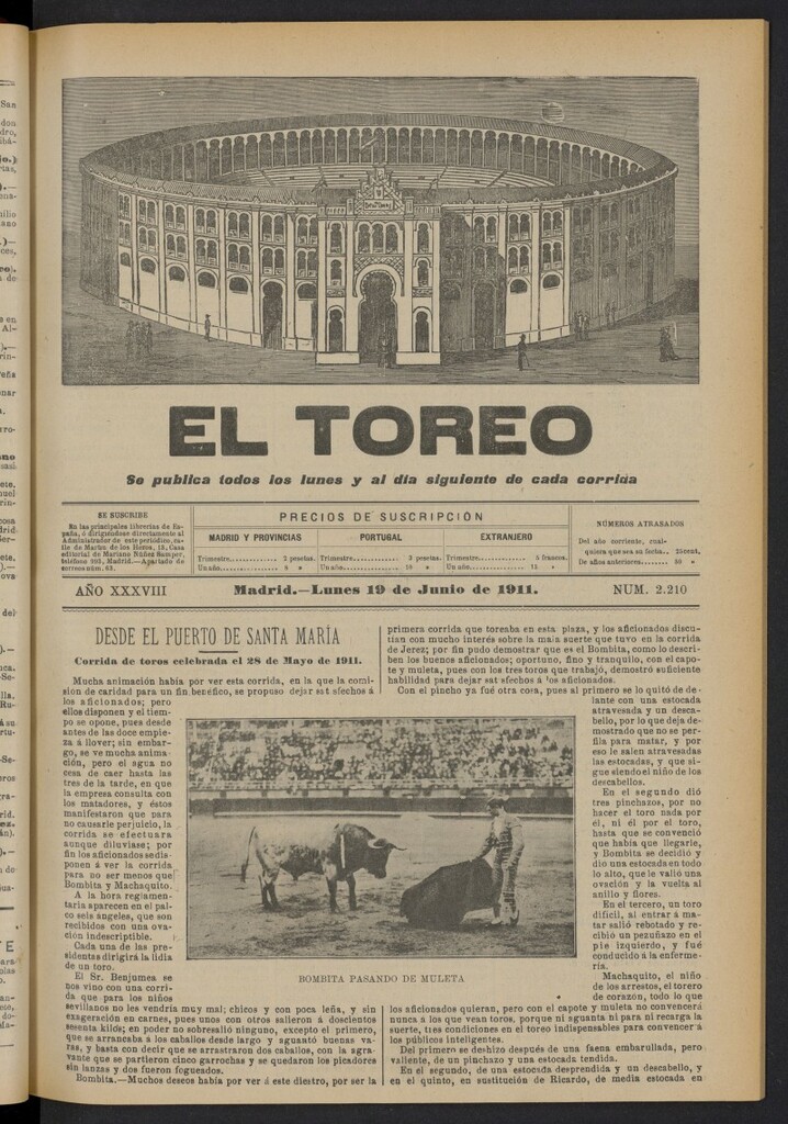 Miniatura de El Toreo: suplemento a ´´La Correspondencia Teatral´´  del 19 de junio de 1911, nº 2210