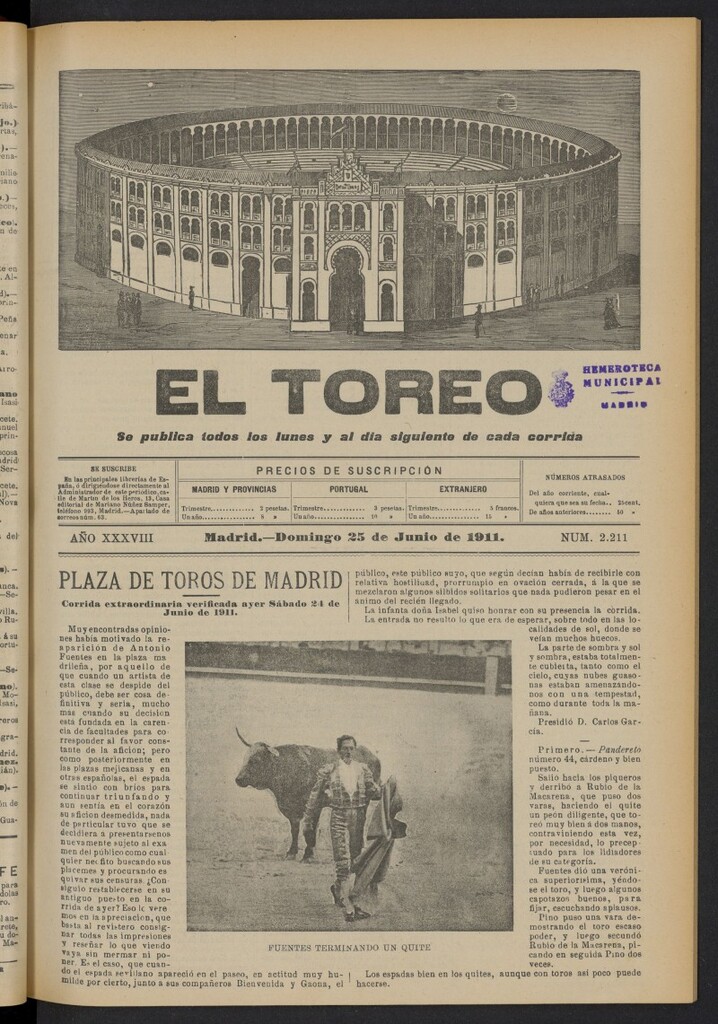 Miniatura de El Toreo: suplemento a "La Correspondencia Teatral"  del 25 de junio de 1911, nº 2211