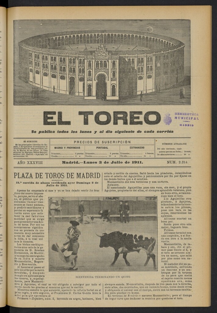Miniatura de El Toreo: suplemento a "La Correspondencia Teatral"  del 3 de julio de 1911, nº 2214