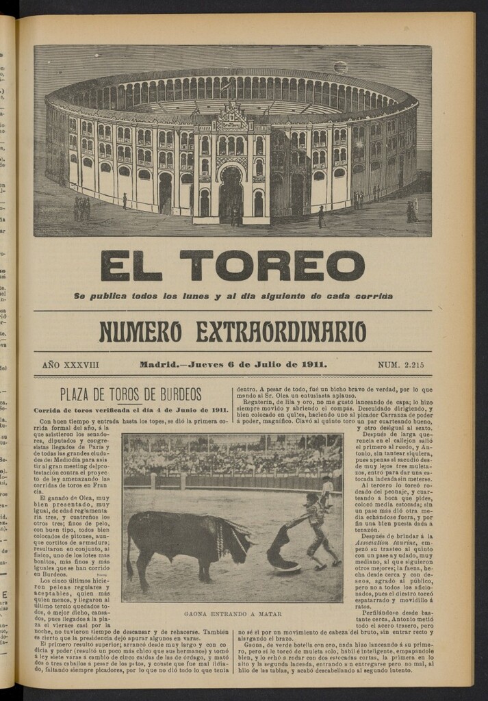 Miniatura de El Toreo: suplemento a "La Correspondencia Teatral"  del 6 de julio de 1911, nº 2215