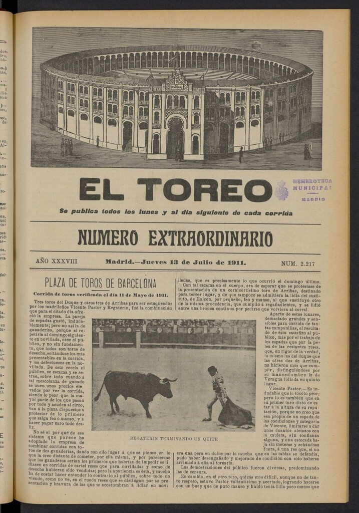 Miniatura de El Toreo: suplemento a "La Correspondencia Teatral"  del 13 de julio de 1911, nº 2217