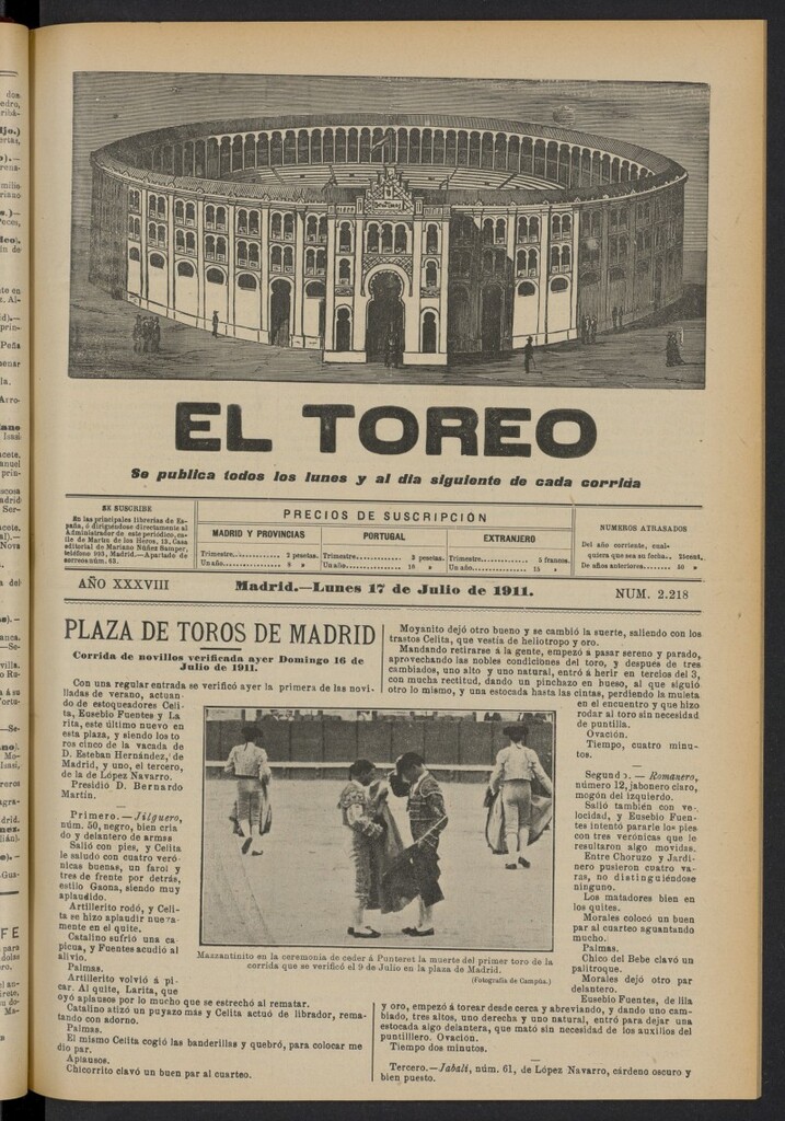 Miniatura de El Toreo: suplemento a "La Correspondencia Teatral"  del 17 de julio de 1911, nº 2218