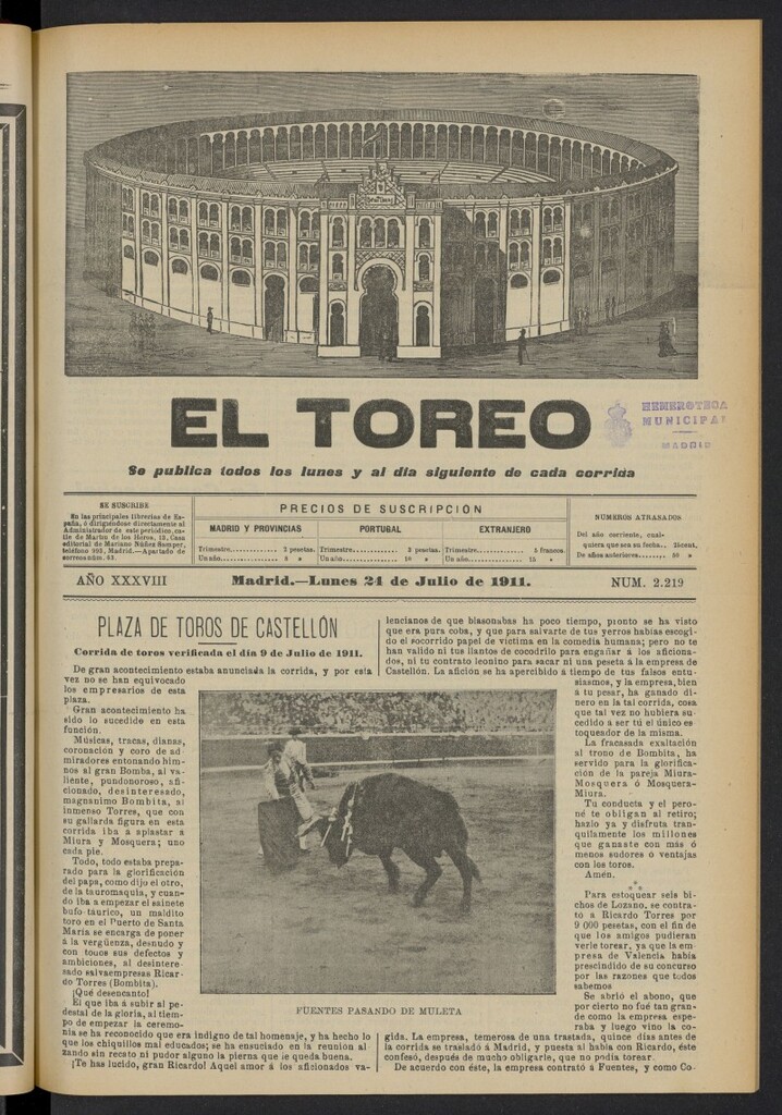 Miniatura de El Toreo: suplemento a "La Correspondencia Teatral"  del 24 de julio de 1911, nº 2219