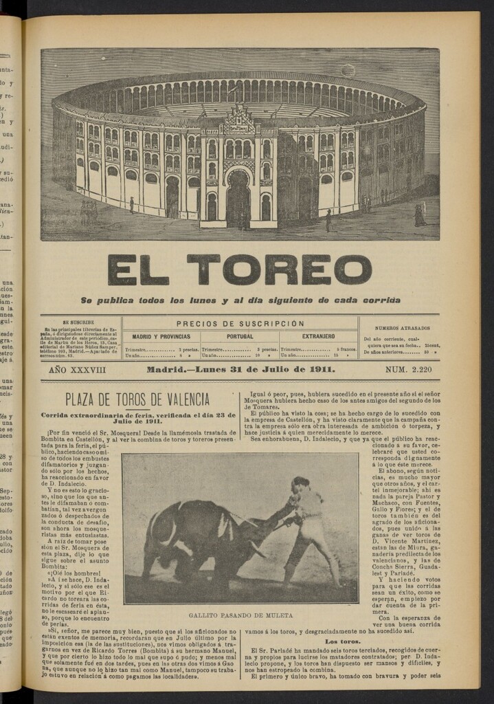 Miniatura de El Toreo: suplemento a "La Correspondencia Teatral"  del 31 de julio de 1911, nº 2220