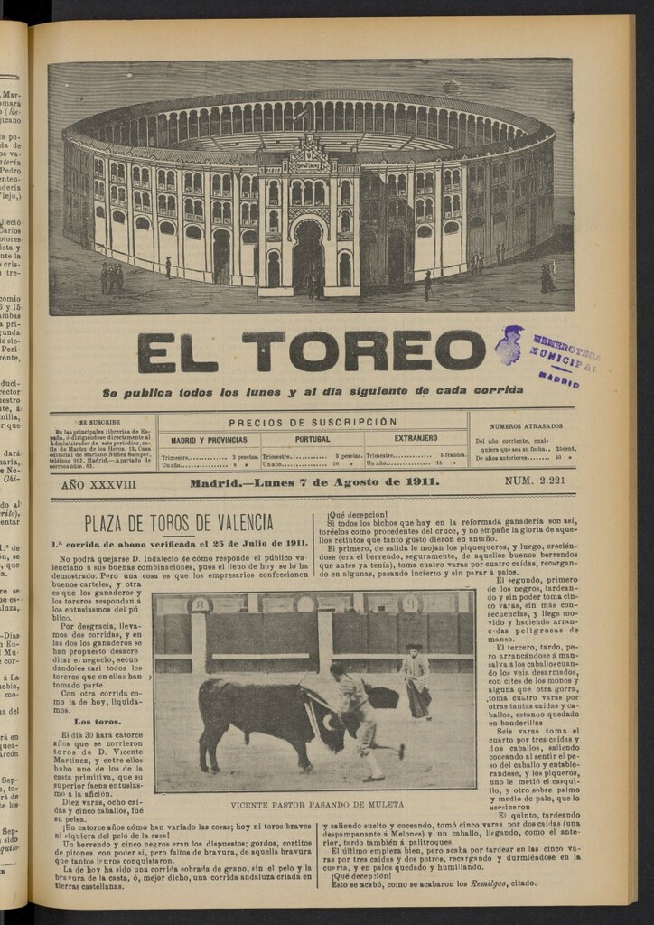 Miniatura de El Toreo: suplemento a "La Correspondencia Teatral"  del 7 de agosto de 1911, nº 2221
