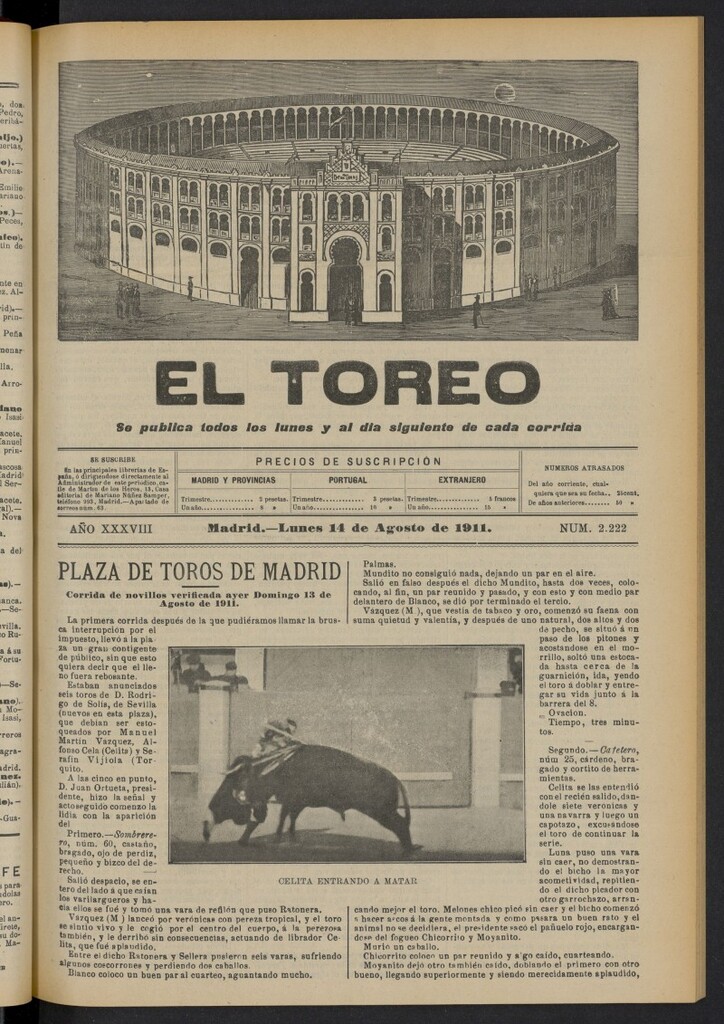 Miniatura de El Toreo: suplemento a "La Correspondencia Teatral"  del 14 de agosto de 1911, nº 2222