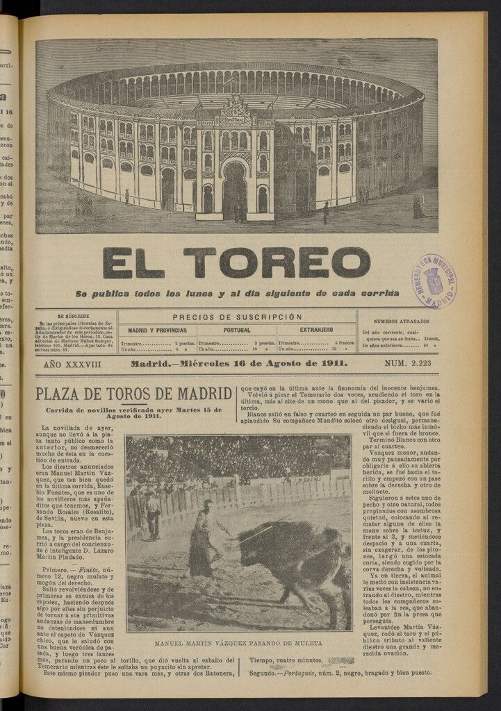 Miniatura de El Toreo: suplemento a "La Correspondencia Teatral"  del 16 de agosto de 1911, nº 2223