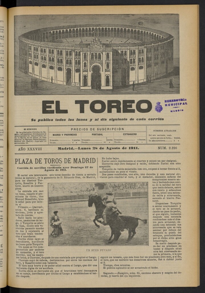 Miniatura de El Toreo: suplemento a "La Correspondencia Teatral"  del 28 de agosto de 1911, nº 2226
