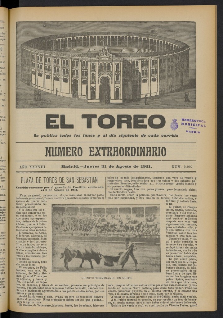 Miniatura de El Toreo: suplemento a "La Correspondencia Teatral"  del 31 de agosto de 1911, nº 2227