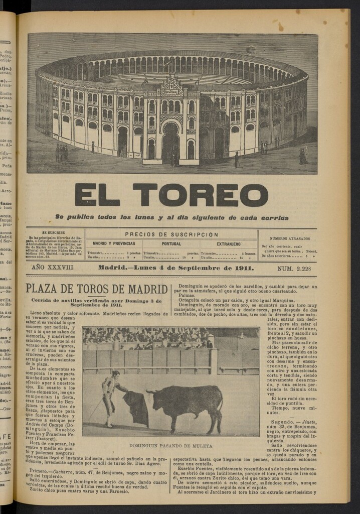 Miniatura de El Toreo: suplemento a "La Correspondencia Teatral"  del 4 de septiembre de 1911, nº 2228