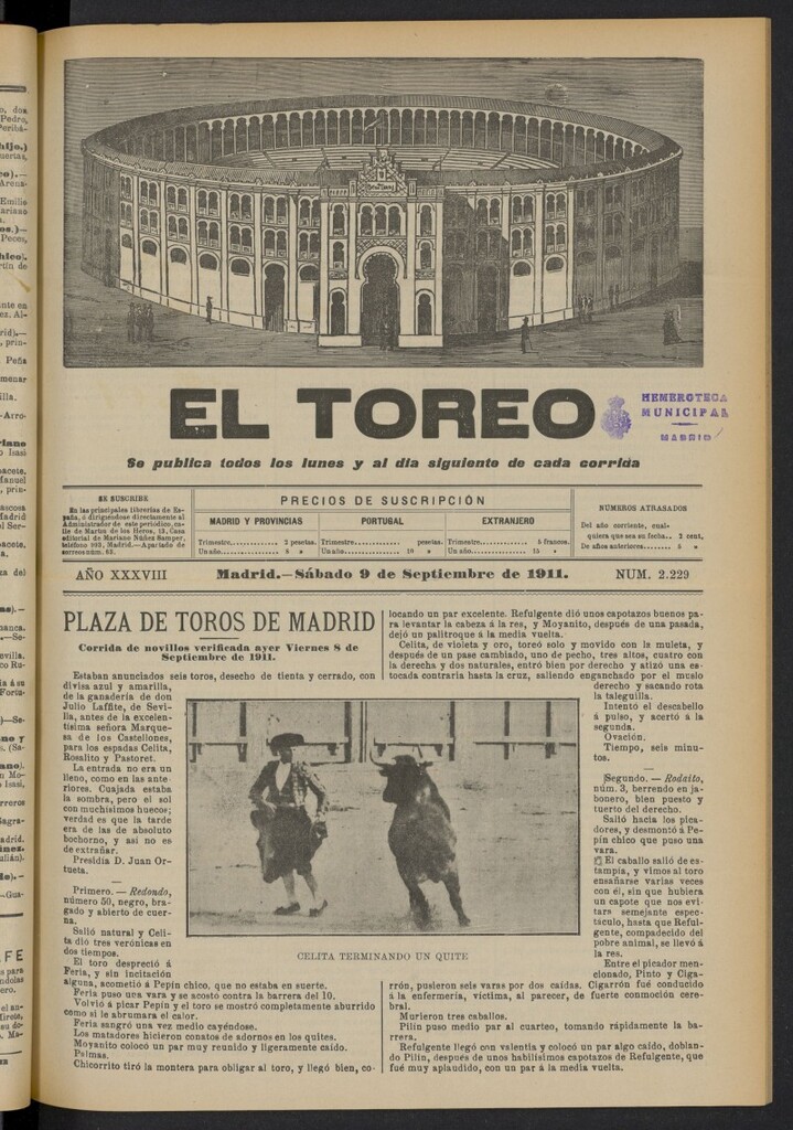 Miniatura de El Toreo: suplemento a "La Correspondencia Teatral"  del 9 de septiembre de 1911, nº 2229