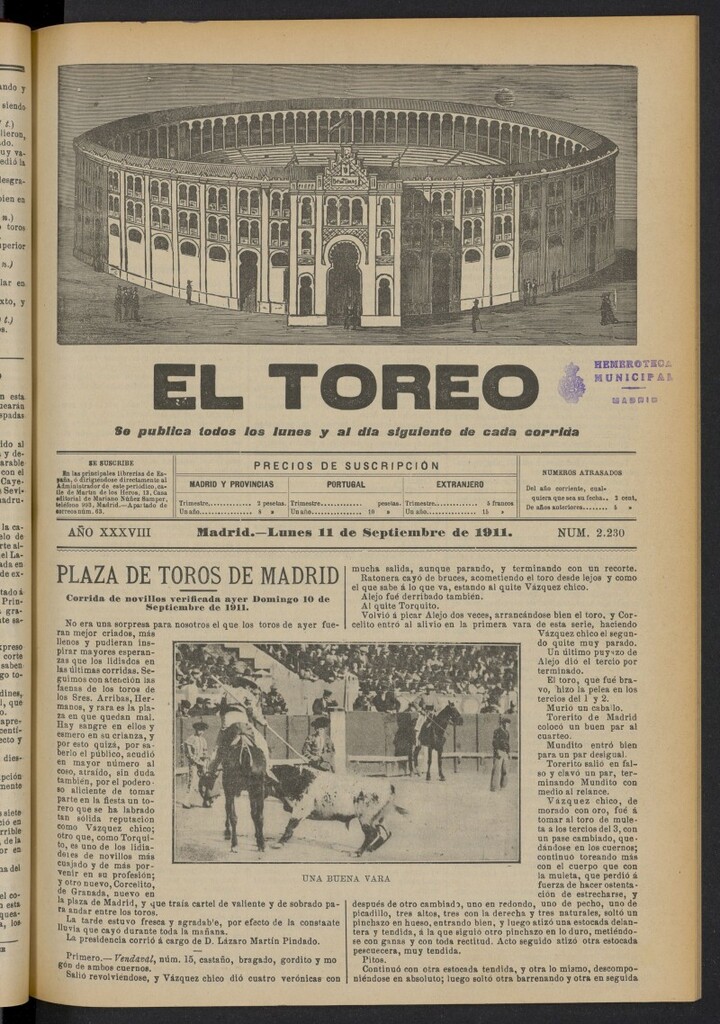 Miniatura de El Toreo: suplemento a "La Correspondencia Teatral"  del 11 de septiembre de 1911, nº 2230
