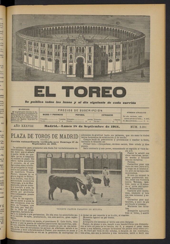 Miniatura de El Toreo: suplemento a "La Correspondencia Teatral"  del 18 de septiembre de 1911, nº 2231