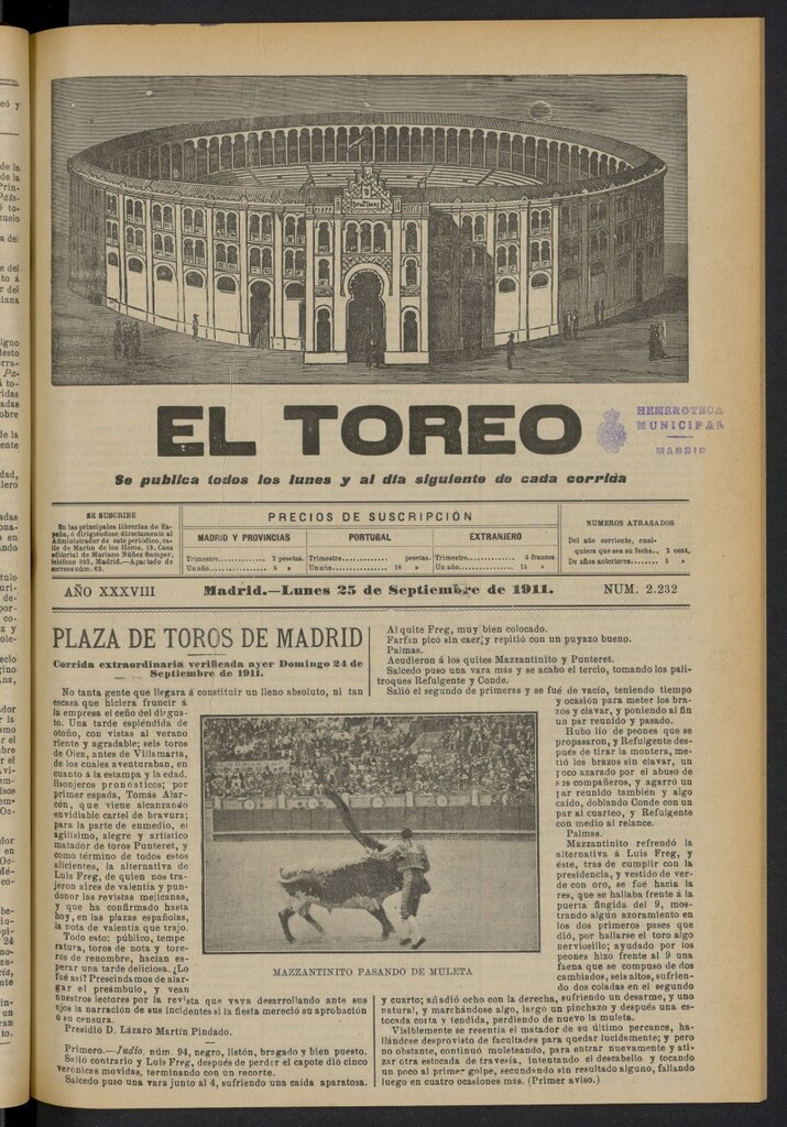Miniatura de El Toreo: suplemento a "La Correspondencia Teatral"  del 25 de septiembre de 1911, nº 2232