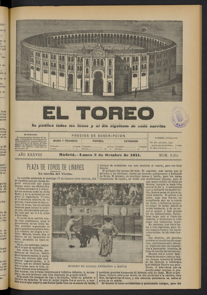 Miniatura de El Toreo: suplemento a "La Correspondencia Teatral"  del 2 de octubre de 1911, nº 2233