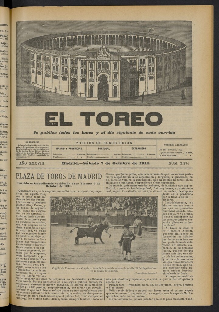 Miniatura de El Toreo: suplemento a "La Correspondencia Teatral"  del 7 de octubre de 1911, nº 2234