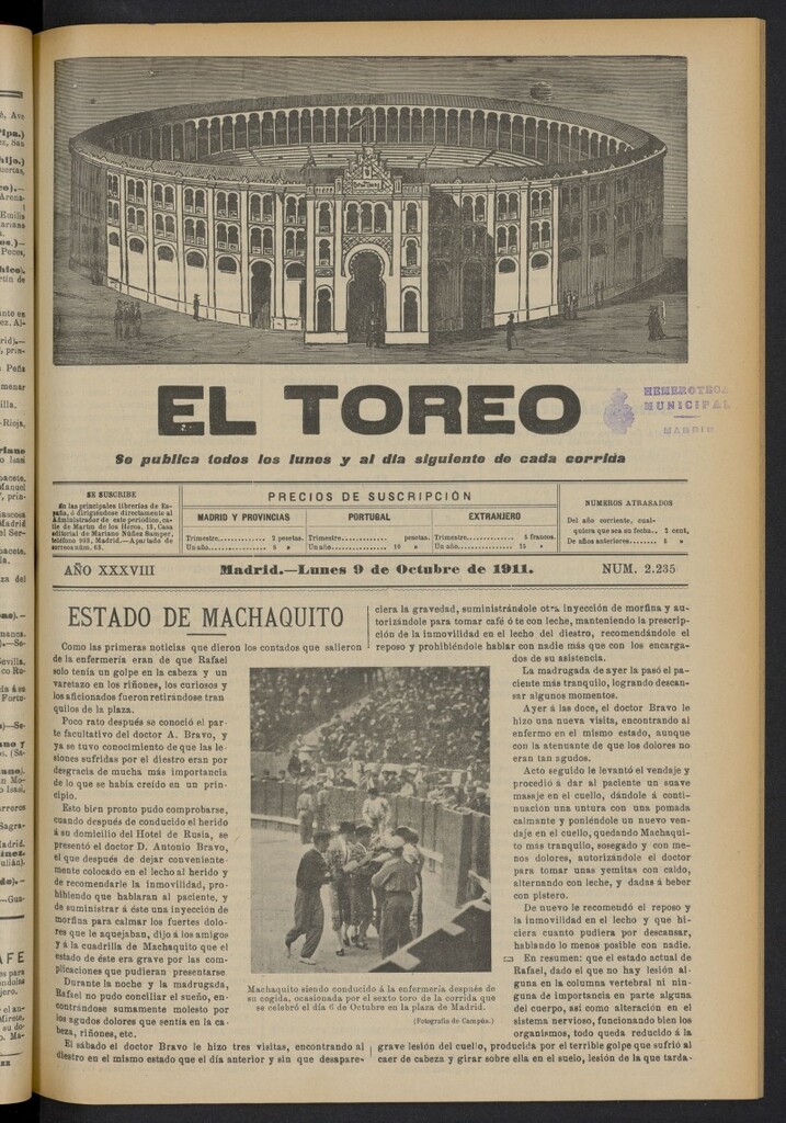 Miniatura de El Toreo: suplemento a "La Correspondencia Teatral"  del 9 de octubre de 1911, nº 2235