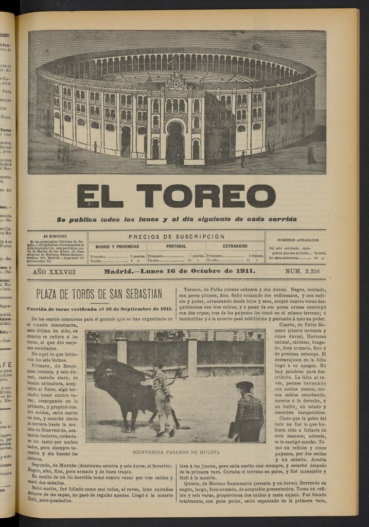 Miniatura de El Toreo: suplemento a "La Correspondencia Teatral"  del 16 de octubre de 1911, nº 2236