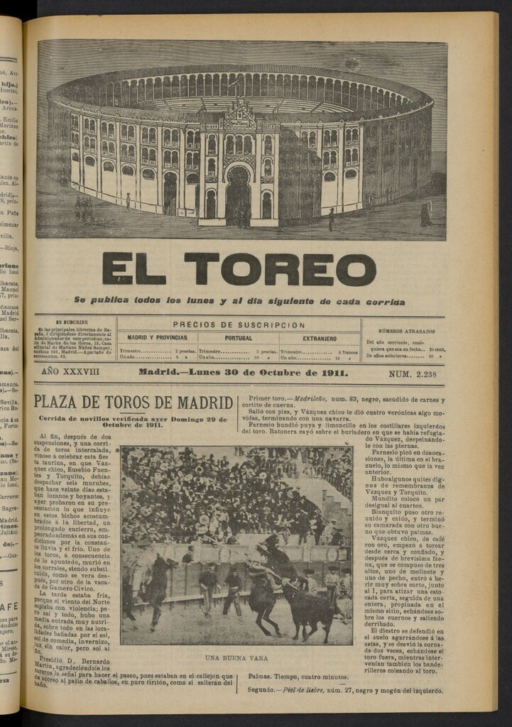 Miniatura de El Toreo: suplemento a "La Correspondencia Teatral"  del 30 de octubre de 1911, nº 2238