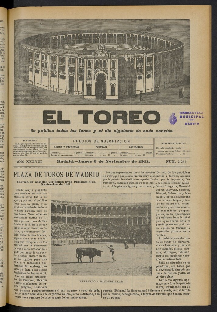 Miniatura de El Toreo: suplemento a "La Correspondencia Teatral"  del 6 de noviembre de 1911, nº 2239