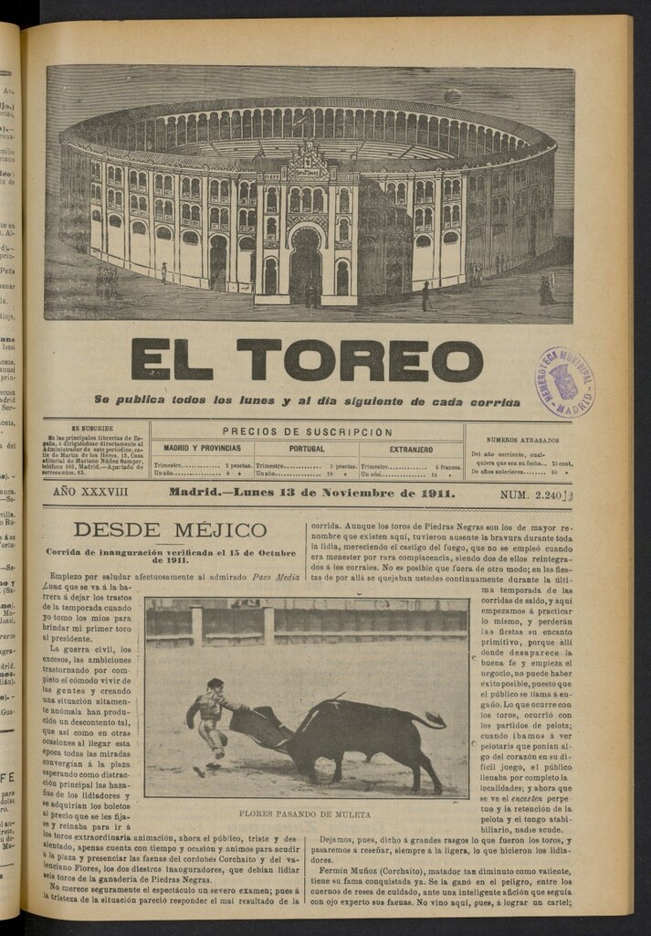 Miniatura de El Toreo: suplemento a "La Correspondencia Teatral"  del 13 de noviembre de 1911, nº 2240