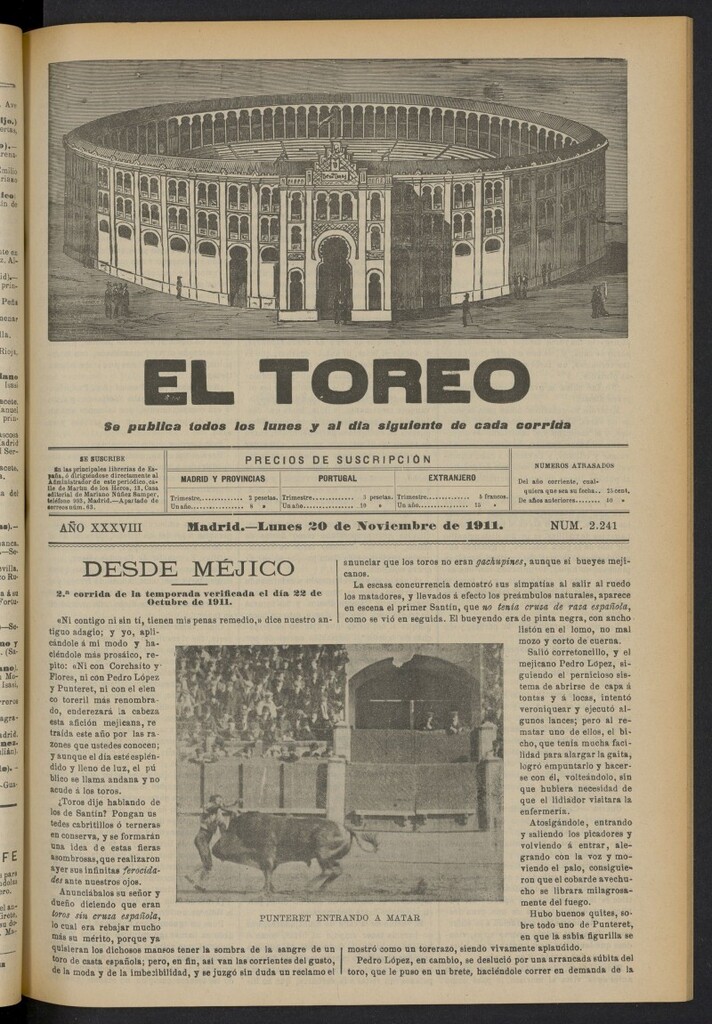 Miniatura de El Toreo: suplemento a "La Correspondencia Teatral"  del 20 de noviembre de 1911, nº 2241