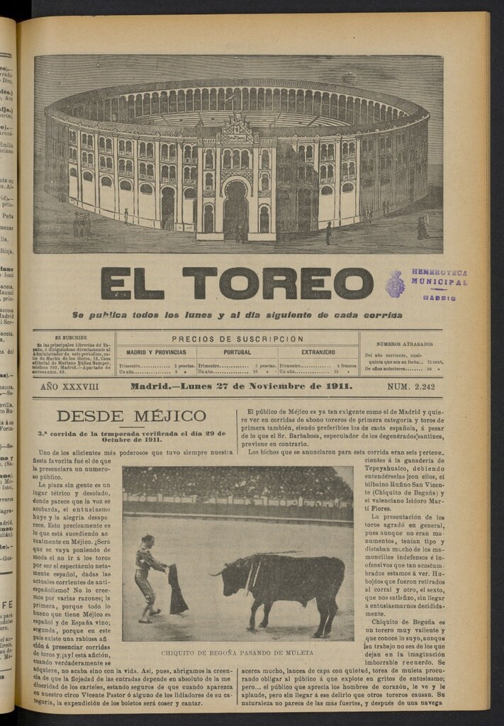 Miniatura de El Toreo: suplemento a "La Correspondencia Teatral"  del 27 de noviembre de 1911, nº 2242