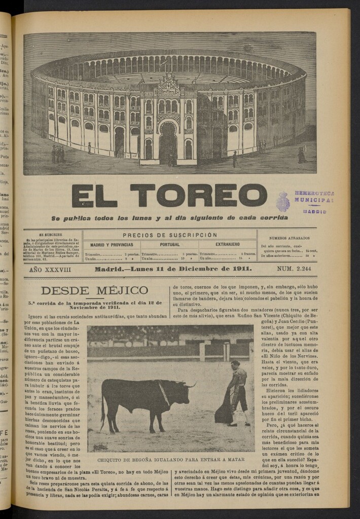 Miniatura de El Toreo: suplemento a "La Correspondencia Teatral"  del 11 de diciembre de 1911, nº 2244