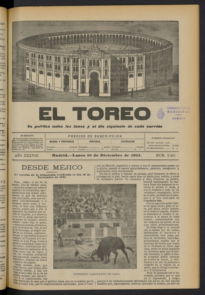 Miniatura de El Toreo: suplemento a "La Correspondencia Teatral"  del 18 de diciembre de 1911, nº 2245