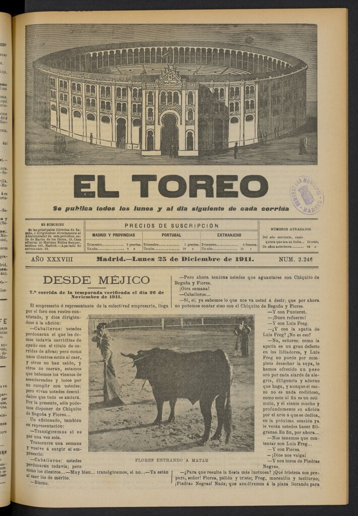 Miniatura de El Toreo: suplemento a "La Correspondencia Teatral"  del 25 de diciembre de 1911, nº 2246