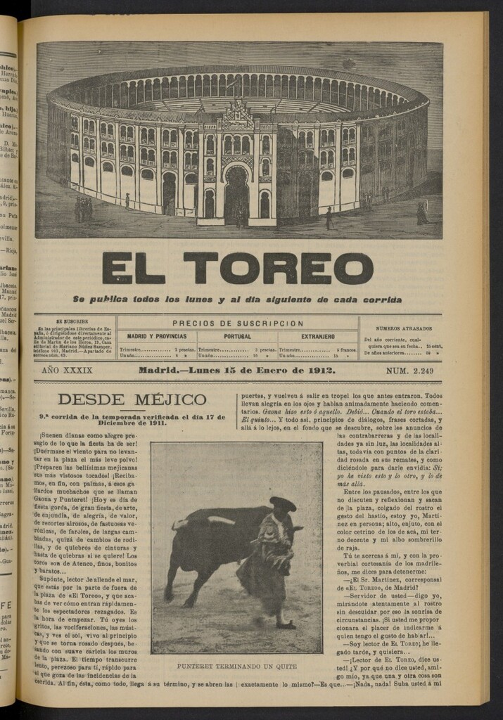 Miniatura de El Toreo: suplemento a "La Correspondencia Teatral"  del 15 de enero de 1912, nº 2249