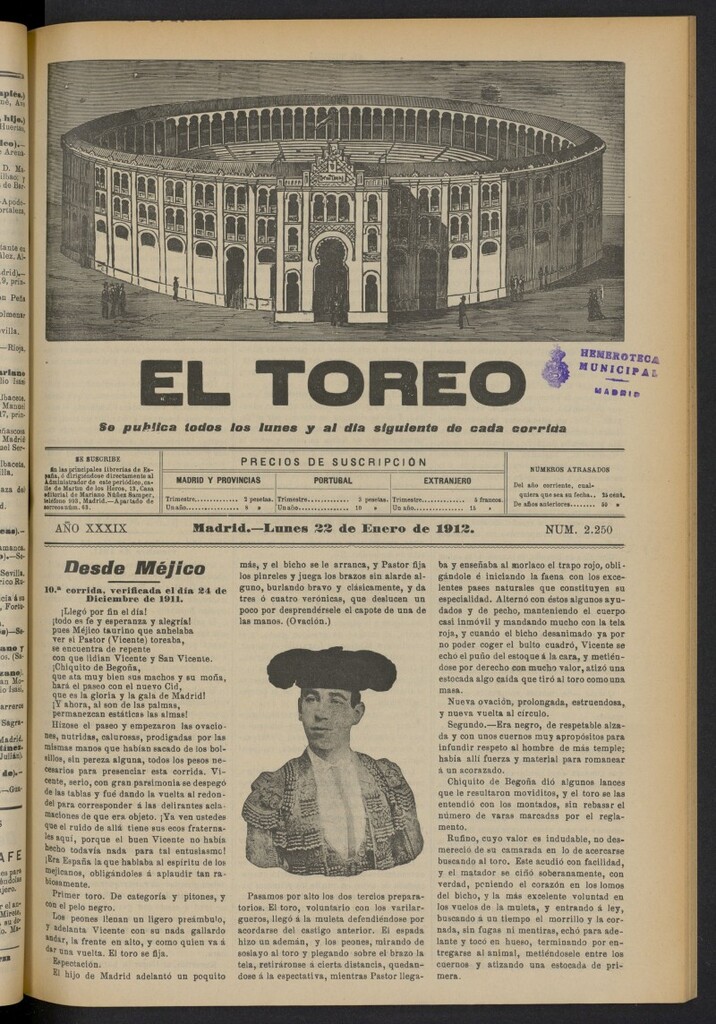 Miniatura de El Toreo: suplemento a "La Correspondencia Teatral"  del 22 de enero de 1912, nº 2250