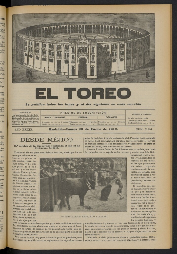Miniatura de El Toreo: suplemento a "La Correspondencia Teatral"  del 29 de enero de 1912, nº 2251