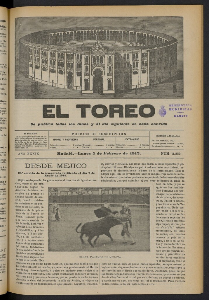 Miniatura de El Toreo: suplemento a "La Correspondencia Teatral"  del 5 de febrero de 1912, nº 2252