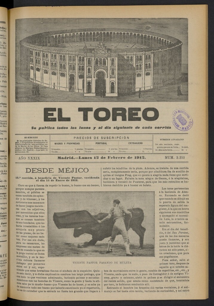 Miniatura de El Toreo: suplemento a "La Correspondencia Teatral"  del 12 de febrero de 1912, nº 2253