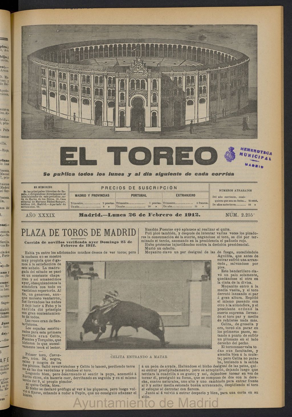 Miniatura de El Toreo: suplemento a "La Correspondencia Teatral"  del 26 de febrero de 1912, nº 2255