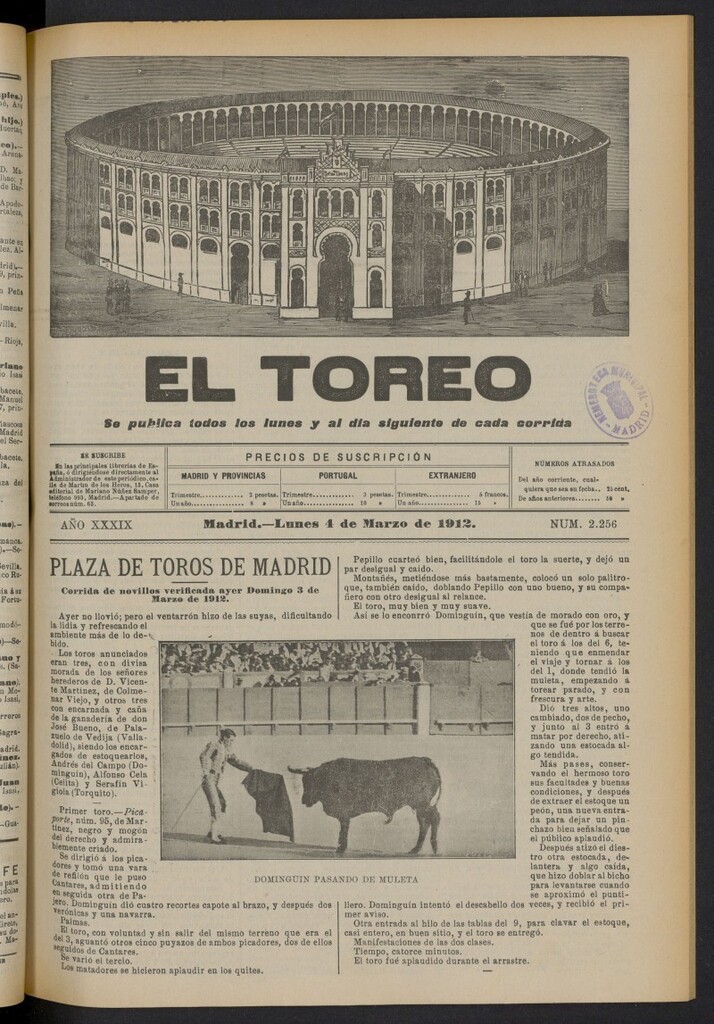 Miniatura de El Toreo: suplemento a "La Correspondencia Teatral"  del 4 de marzo de 1912, nº 2256