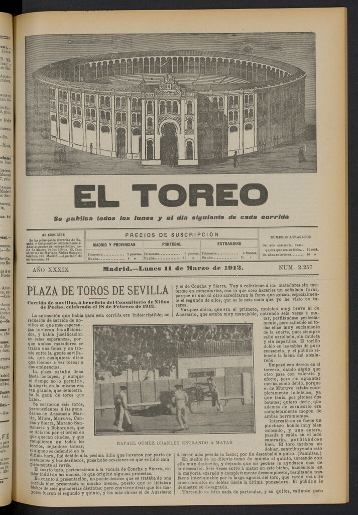 Miniatura de El Toreo: suplemento a "La Correspondencia Teatral"  del 11 de marzo de 1912, nº 2257