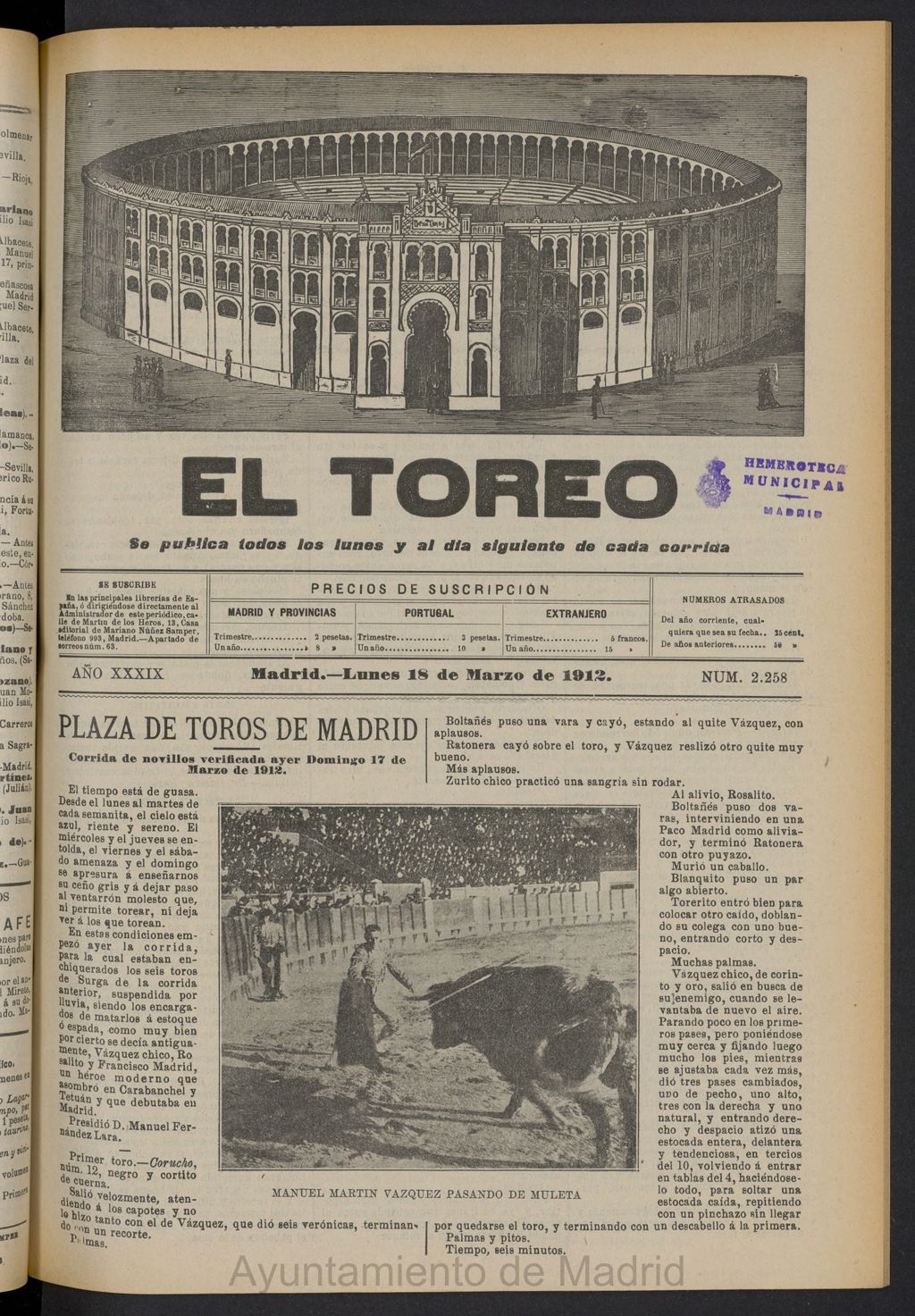 Miniatura de El Toreo: suplemento a "La Correspondencia Teatral"  del 18 de marzo de 1912, nº 2258