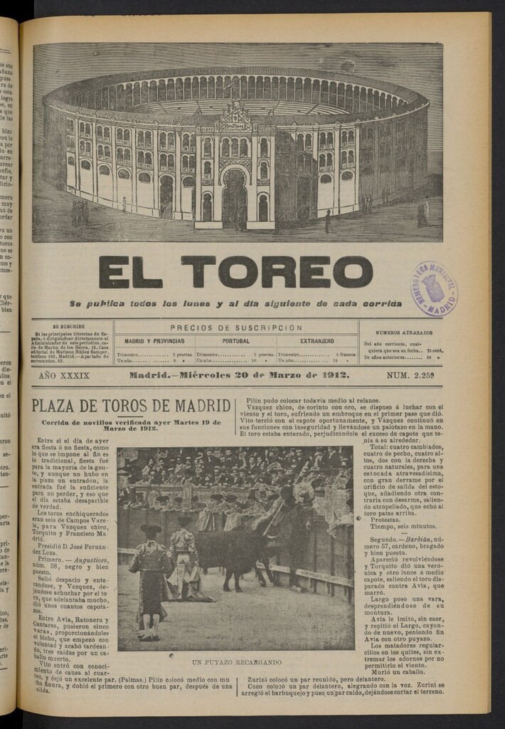 Miniatura de El Toreo: suplemento a "La Correspondencia Teatral"  del 20 de marzo de 1912, nº 2259