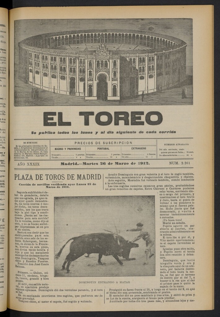 Miniatura de El Toreo: suplemento a "La Correspondencia Teatral"  del 26 de marzo de 1912, nº 2261