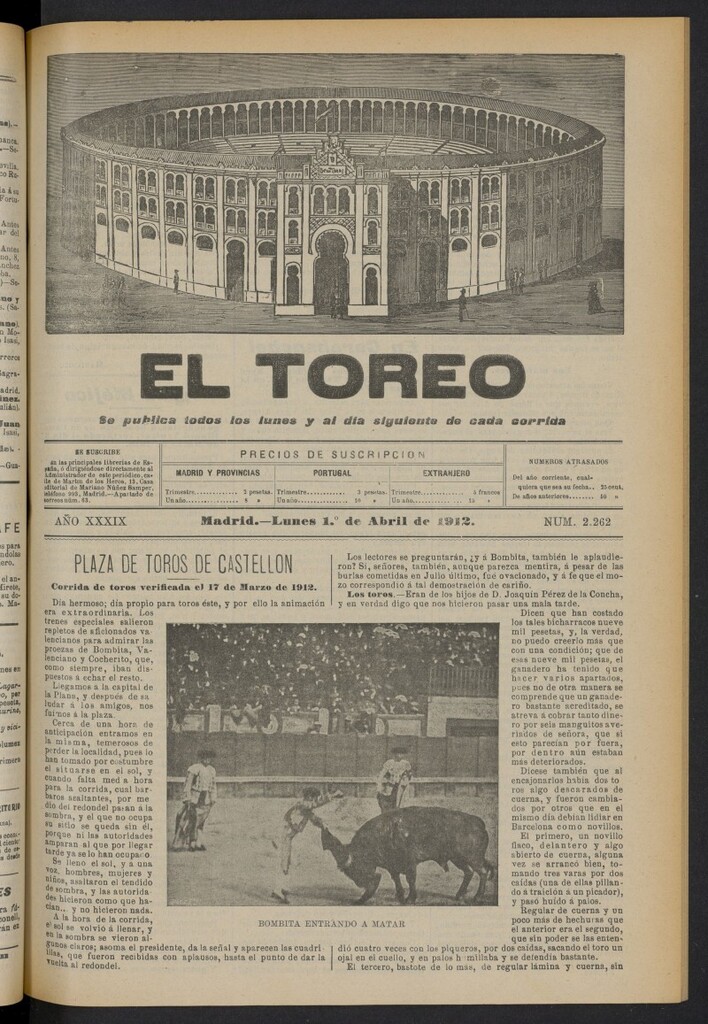Miniatura de El Toreo: suplemento a "La Correspondencia Teatral"  del 1 de abril de 1912, nº 2262